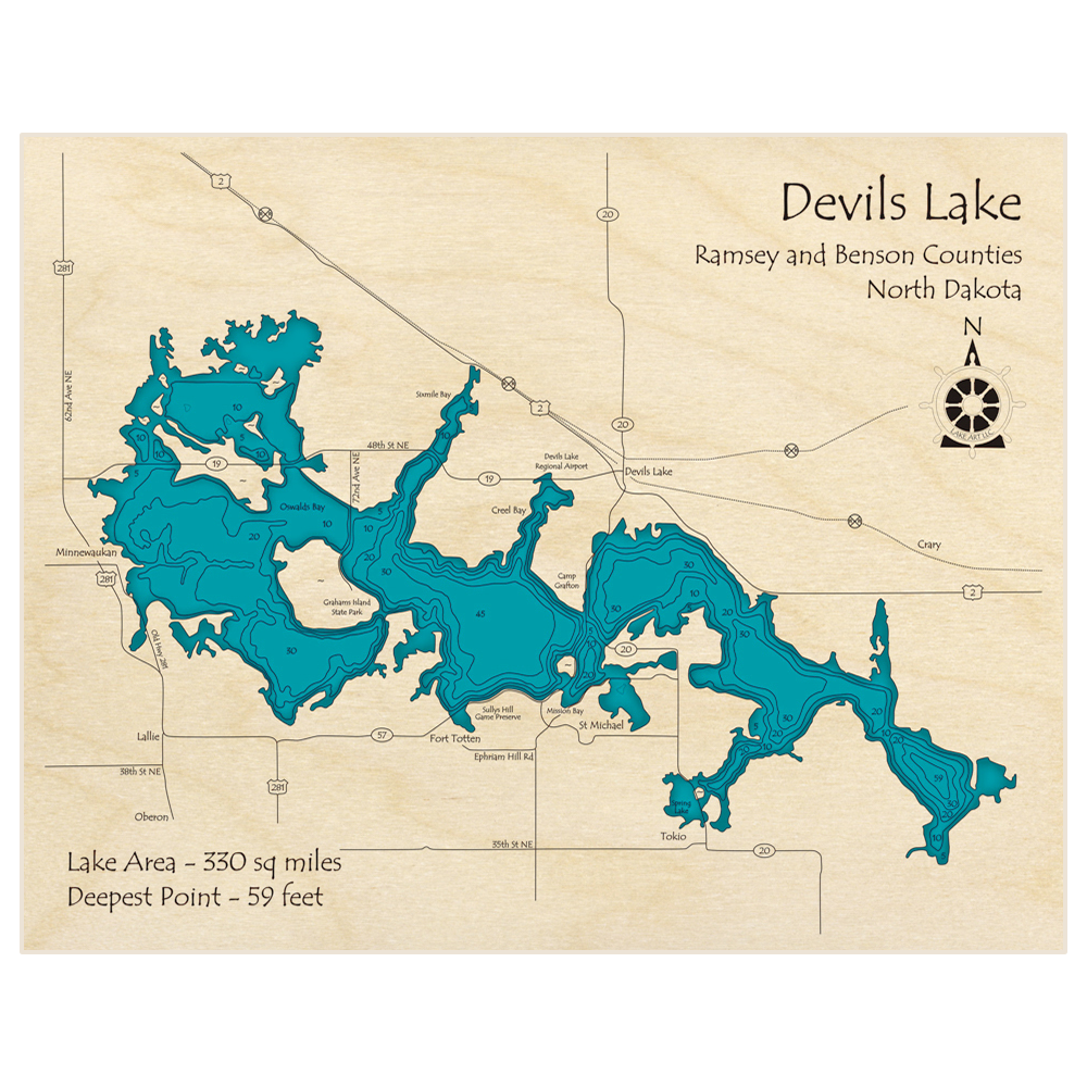 Bathymetric topo map of Devils Lake with roads, towns and depths noted in blue water