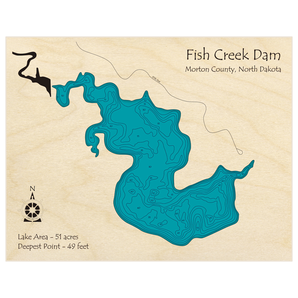 Bathymetric topo map of Fish Creek Dam with roads, towns and depths noted in blue water