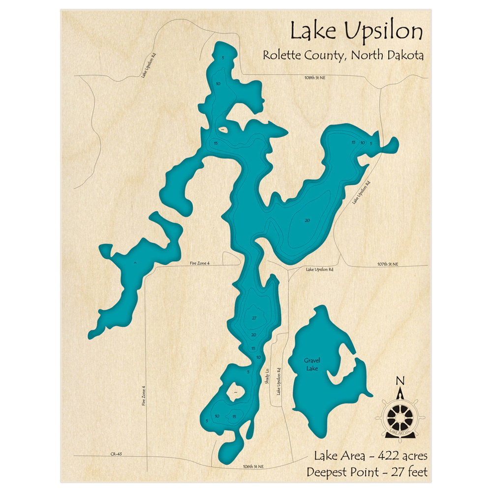 Bathymetric topo map of Upsilon Lake with roads, towns and depths noted in blue water