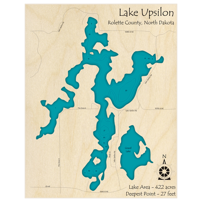 Bathymetric topo map of Upsilon Lake with roads, towns and depths noted in blue water