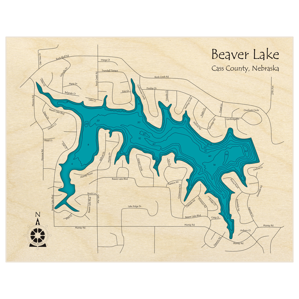 Bathymetric topo map of Beaver Lake * with roads, towns and depths noted in blue water