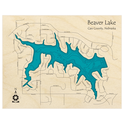 Bathymetric topo map of Beaver Lake * with roads, towns and depths noted in blue water