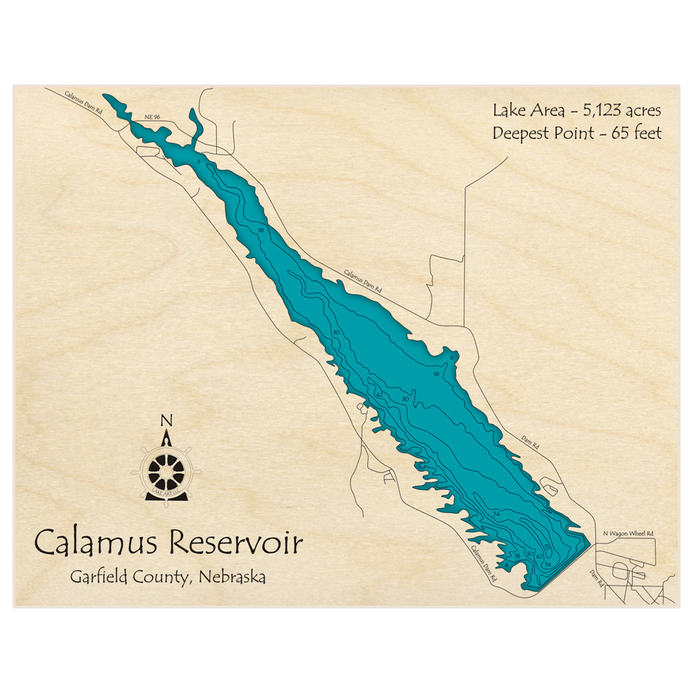 Bathymetric topo map of Calamus Reservoir with roads, towns and depths noted in blue water