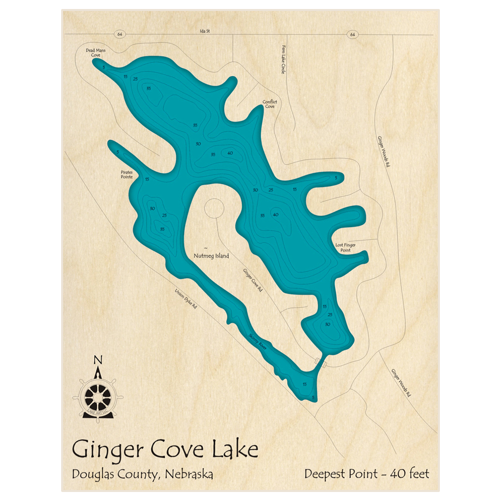 Bathymetric topo map of Ginger Cove Lake with roads, towns and depths noted in blue water