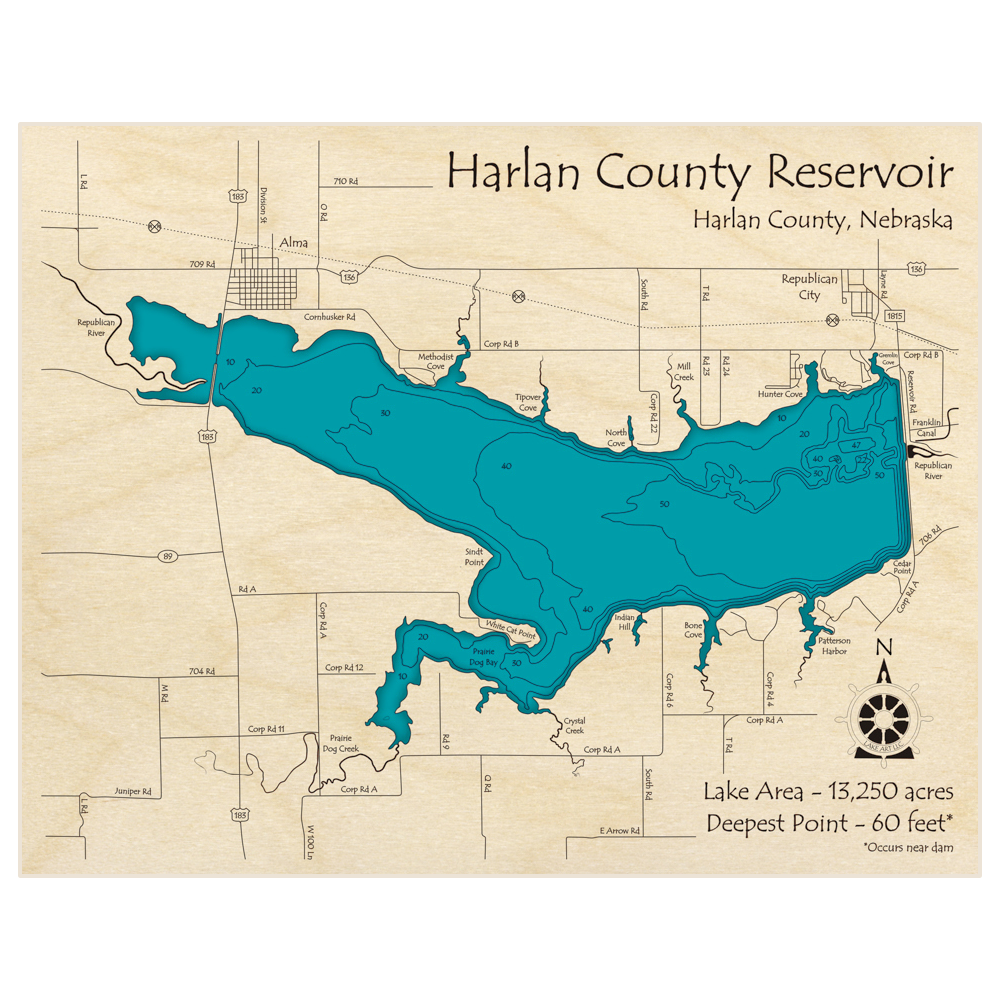 Bathymetric topo map of Harlan County Reservoir with roads, towns and depths noted in blue water