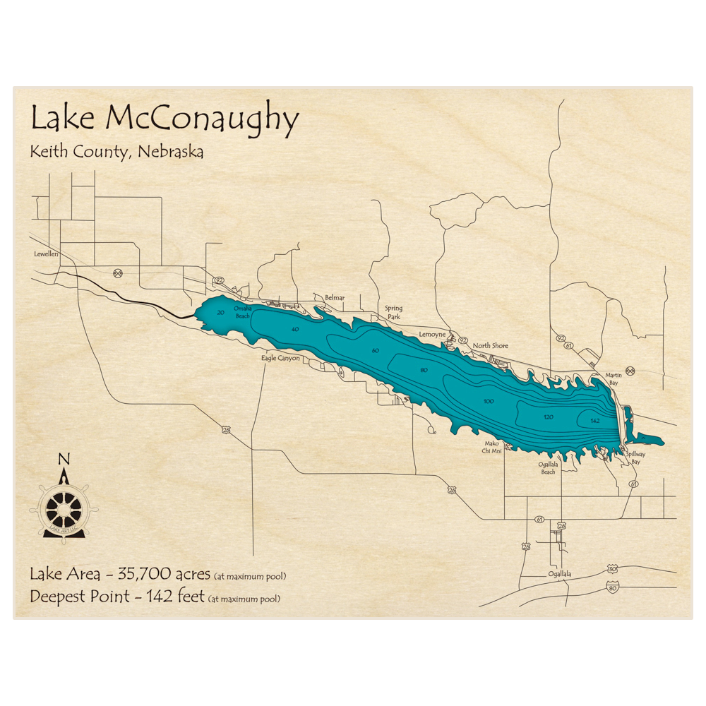 Bathymetric topo map of Lake McConaughy (Extended to Lewellen) with roads, towns and depths noted in blue water