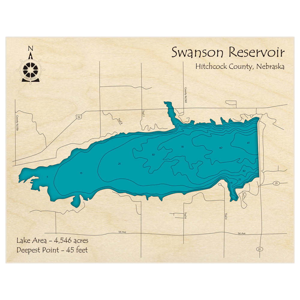 Bathymetric topo map of Swanson Reservoir with roads, towns and depths noted in blue water