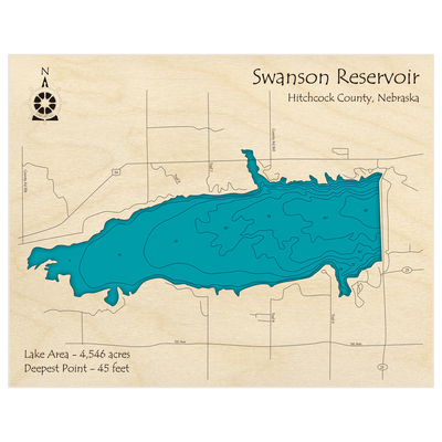 Bathymetric topo map of Swanson Reservoir with roads, towns and depths noted in blue water