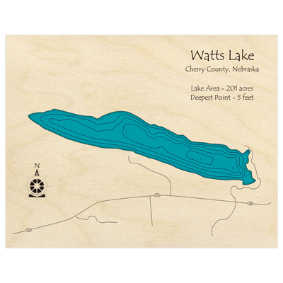 Bathymetric topo map of Watts Lake with roads, towns and depths noted in blue water