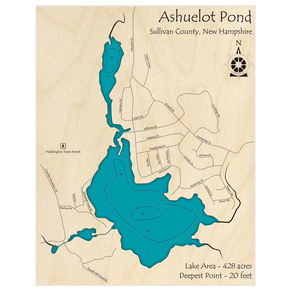 Bathymetric topo map of Ashuelot Pond with roads, towns and depths noted in blue water