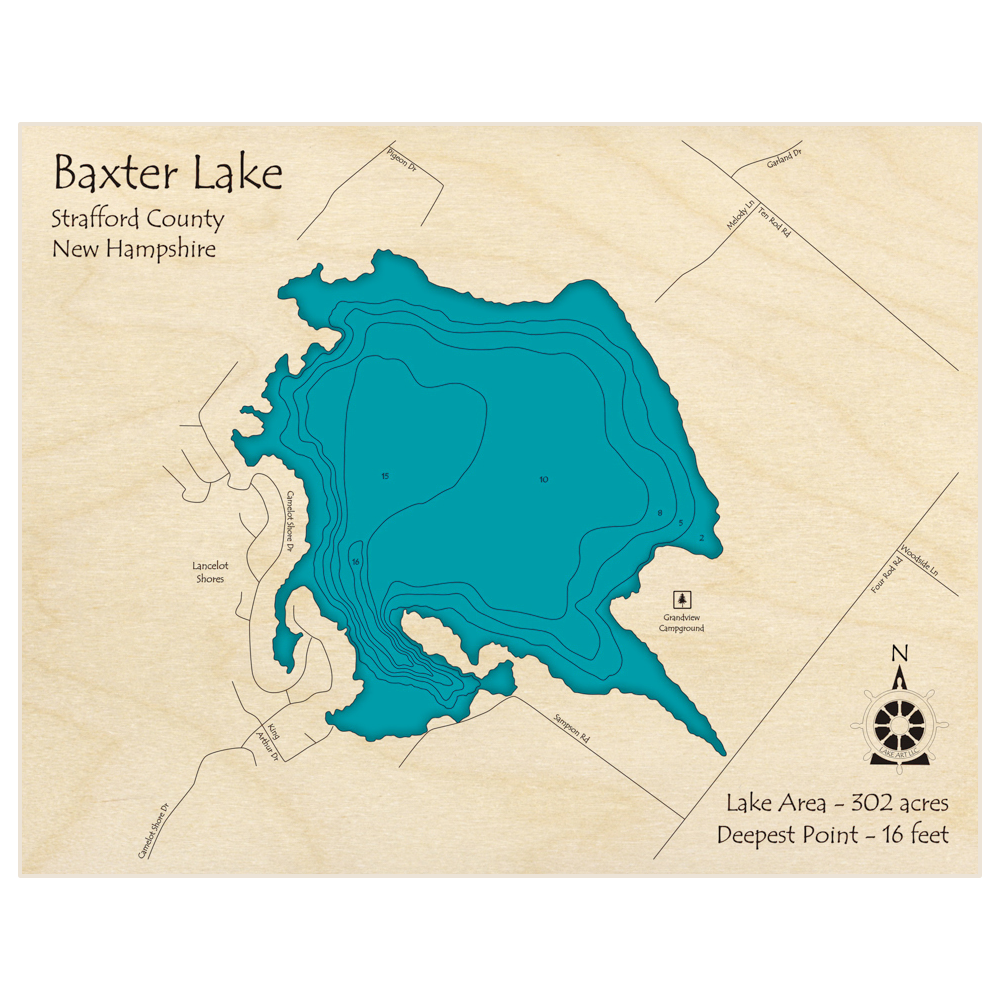 Bathymetric topo map of Baxter Lake with roads, towns and depths noted in blue water