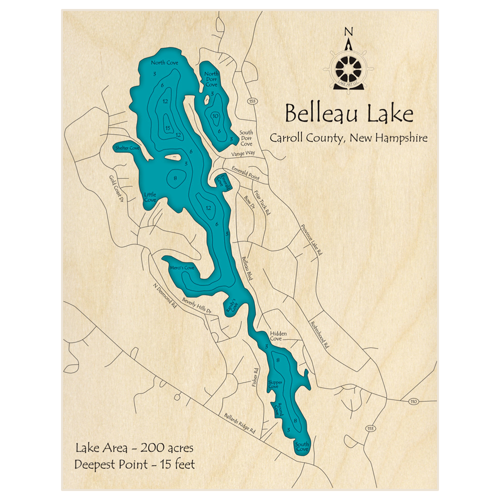 Bathymetric topo map of Belleau Lake with roads, towns and depths noted in blue water