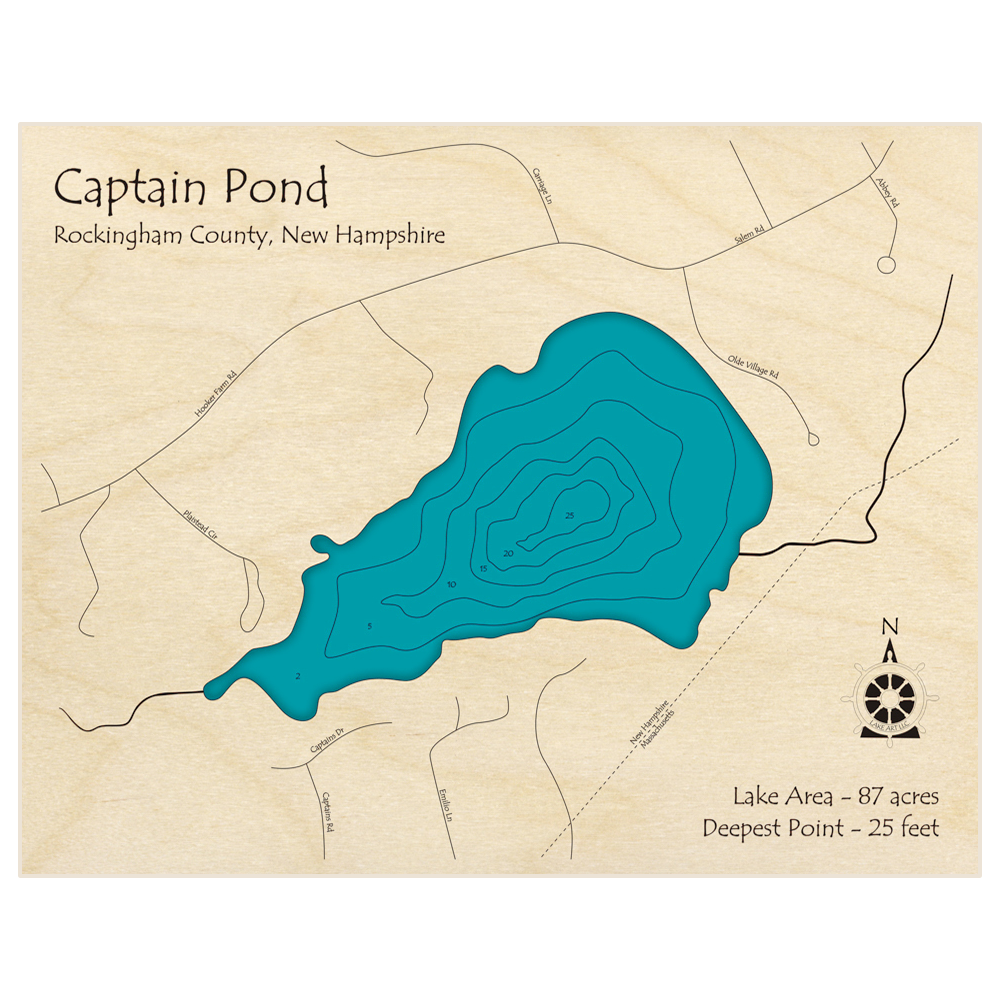 Bathymetric topo map of Captain Pond with roads, towns and depths noted in blue water