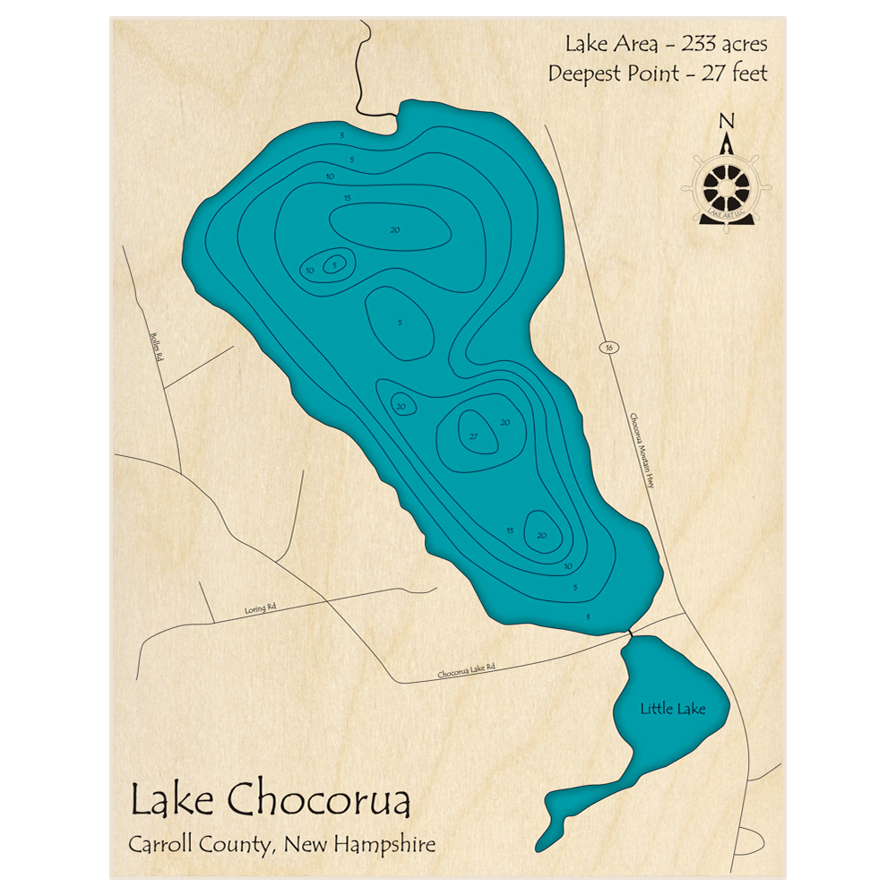 Bathymetric topo map of Lake Chocorua with roads, towns and depths noted in blue water