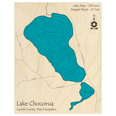 Bathymetric topo map of Lake Chocorua with roads, towns and depths noted in blue water