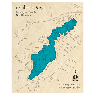 Bathymetric topo map of Cobbetts Pond with roads, towns and depths noted in blue water