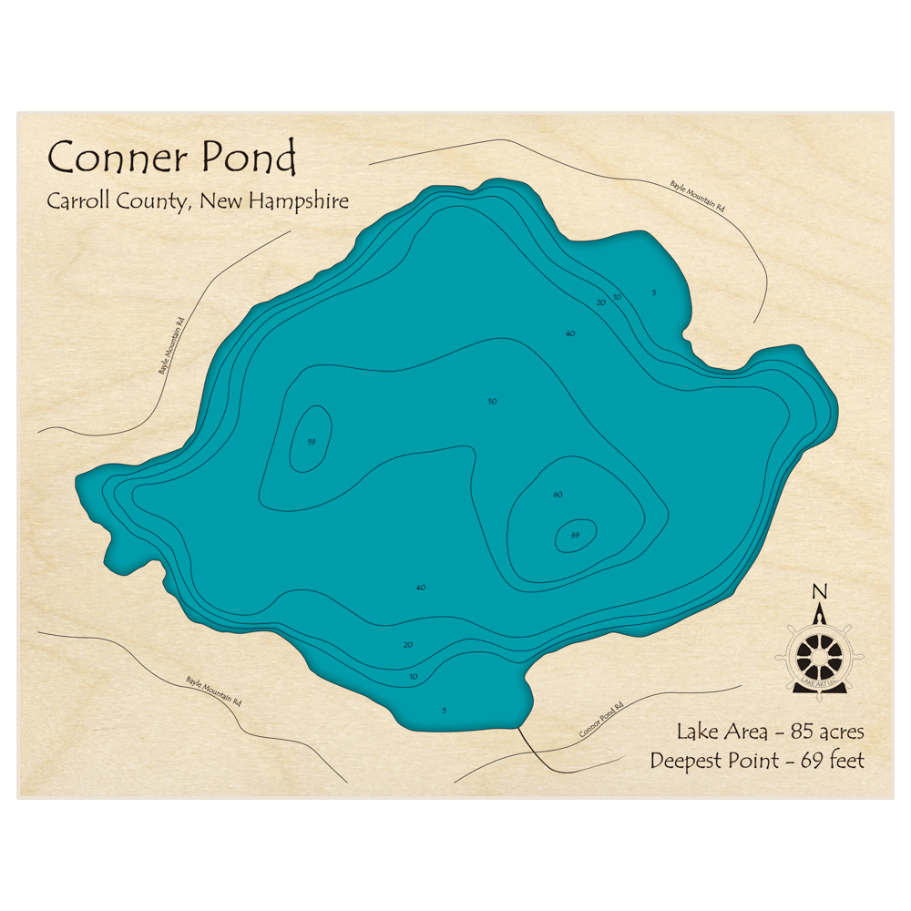 Bathymetric topo map of Conner Pond with roads, towns and depths noted in blue water