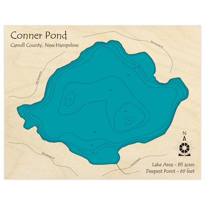 Bathymetric topo map of Conner Pond with roads, towns and depths noted in blue water