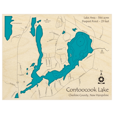 Bathymetric topo map of Contoocook Lake with roads, towns and depths noted in blue water