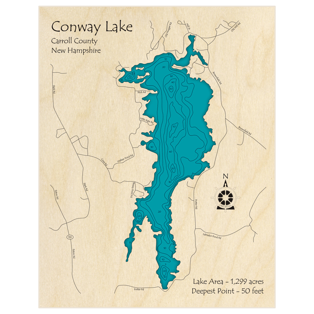 Bathymetric topo map of Conway Lake with roads, towns and depths noted in blue water