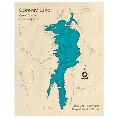 Bathymetric topo map of Conway Lake with roads, towns and depths noted in blue water