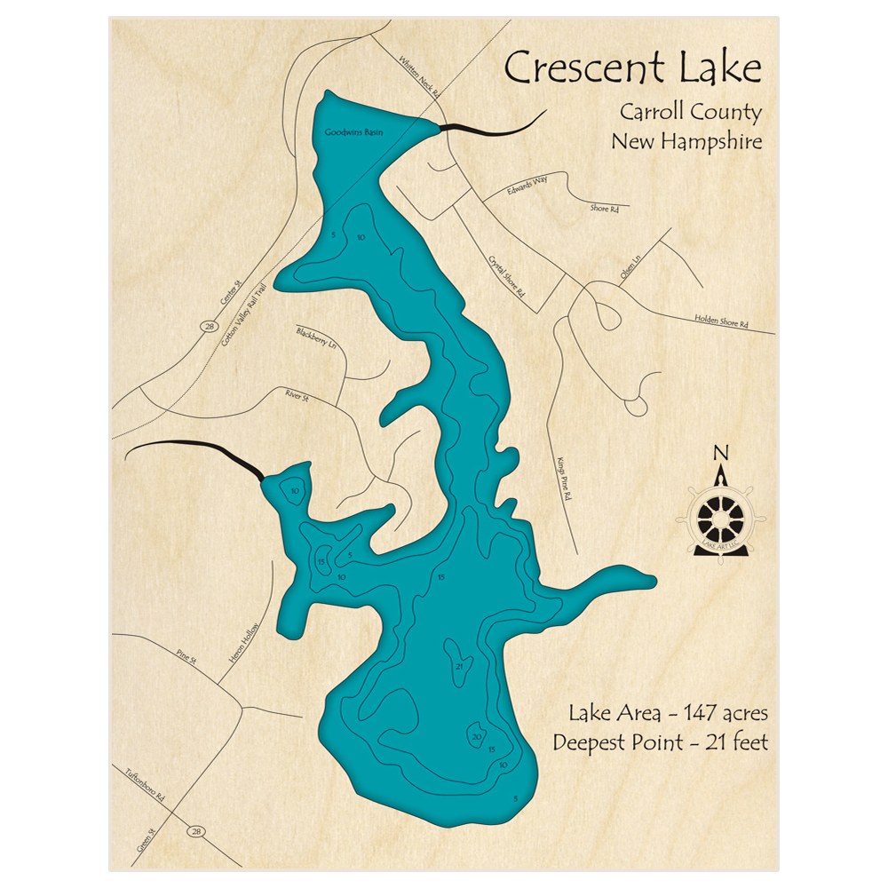 Bathymetric topo map of Crescent Lake with roads, towns and depths noted in blue water