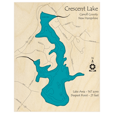 Bathymetric topo map of Crescent Lake with roads, towns and depths noted in blue water