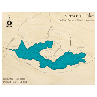 Bathymetric topo map of Crescent Lake with roads, towns and depths noted in blue water