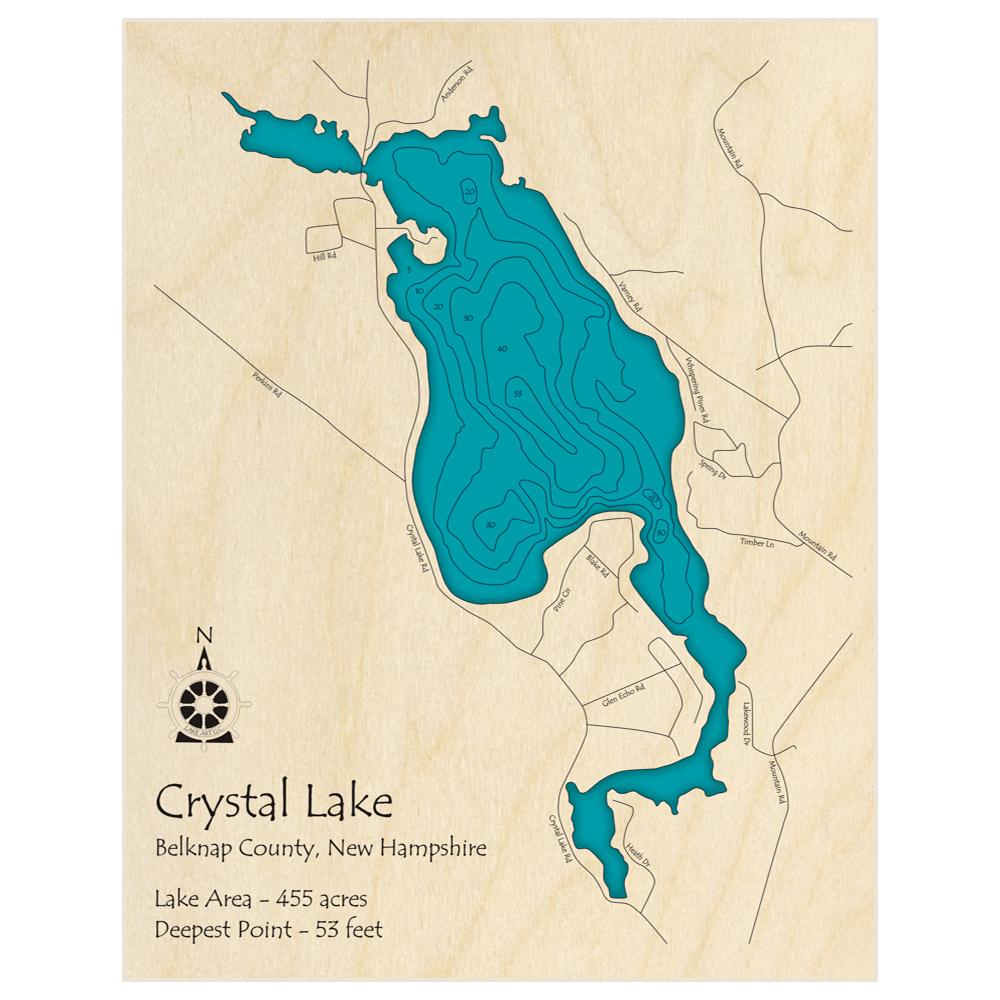 Bathymetric topo map of Crystal Lake with roads, towns and depths noted in blue water