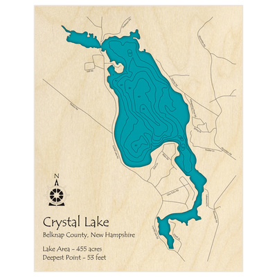 Bathymetric topo map of Crystal Lake with roads, towns and depths noted in blue water