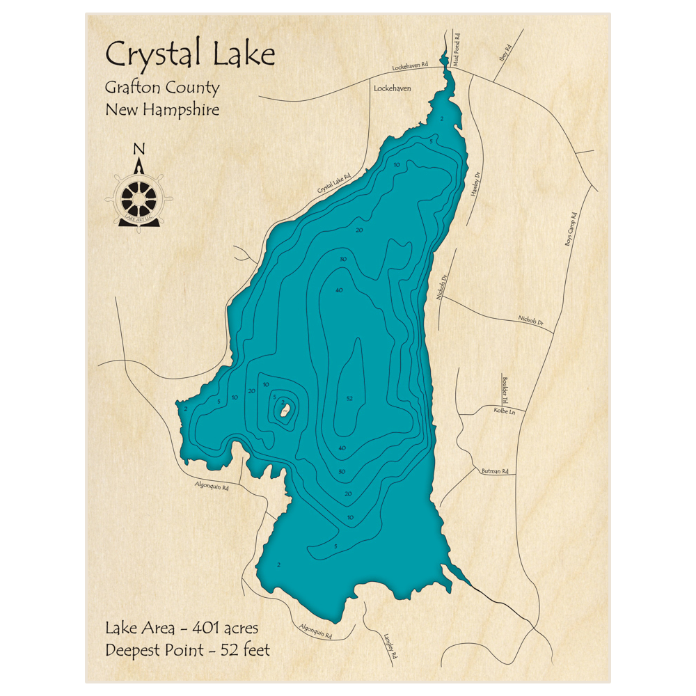 Bathymetric topo map of Crystal Lake with roads, towns and depths noted in blue water