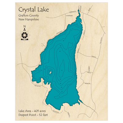 Bathymetric topo map of Crystal Lake with roads, towns and depths noted in blue water