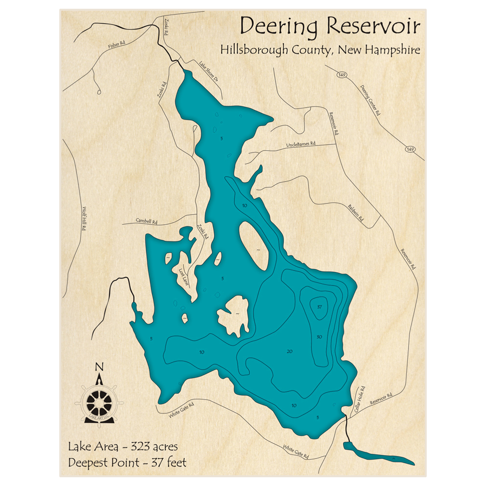 Bathymetric topo map of Deering Reservoir with roads, towns and depths noted in blue water