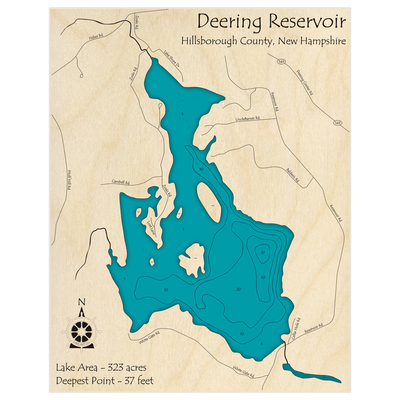 Bathymetric topo map of Deering Reservoir with roads, towns and depths noted in blue water