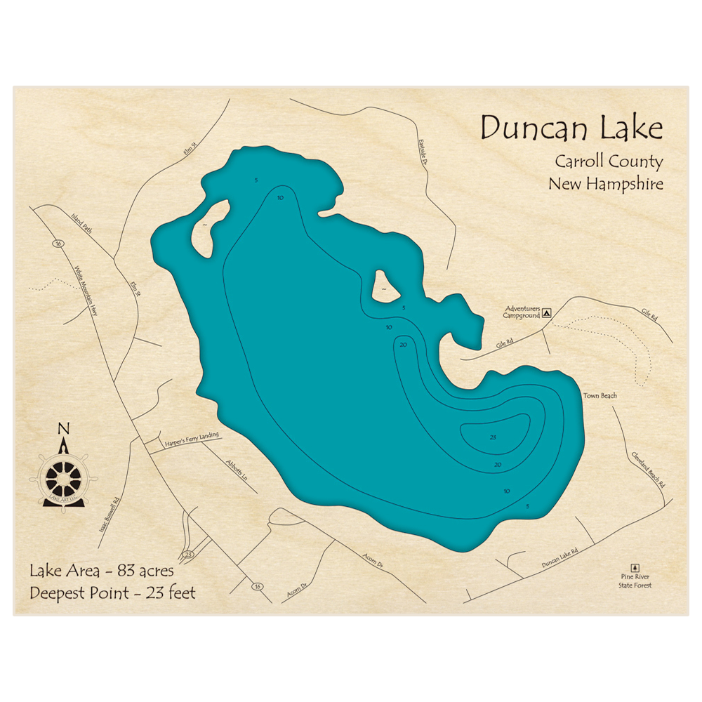 Bathymetric topo map of Duncan Lake with roads, towns and depths noted in blue water