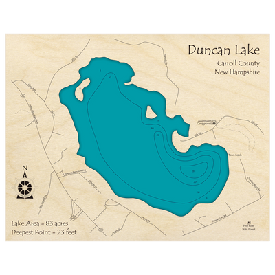 Bathymetric topo map of Duncan Lake with roads, towns and depths noted in blue water