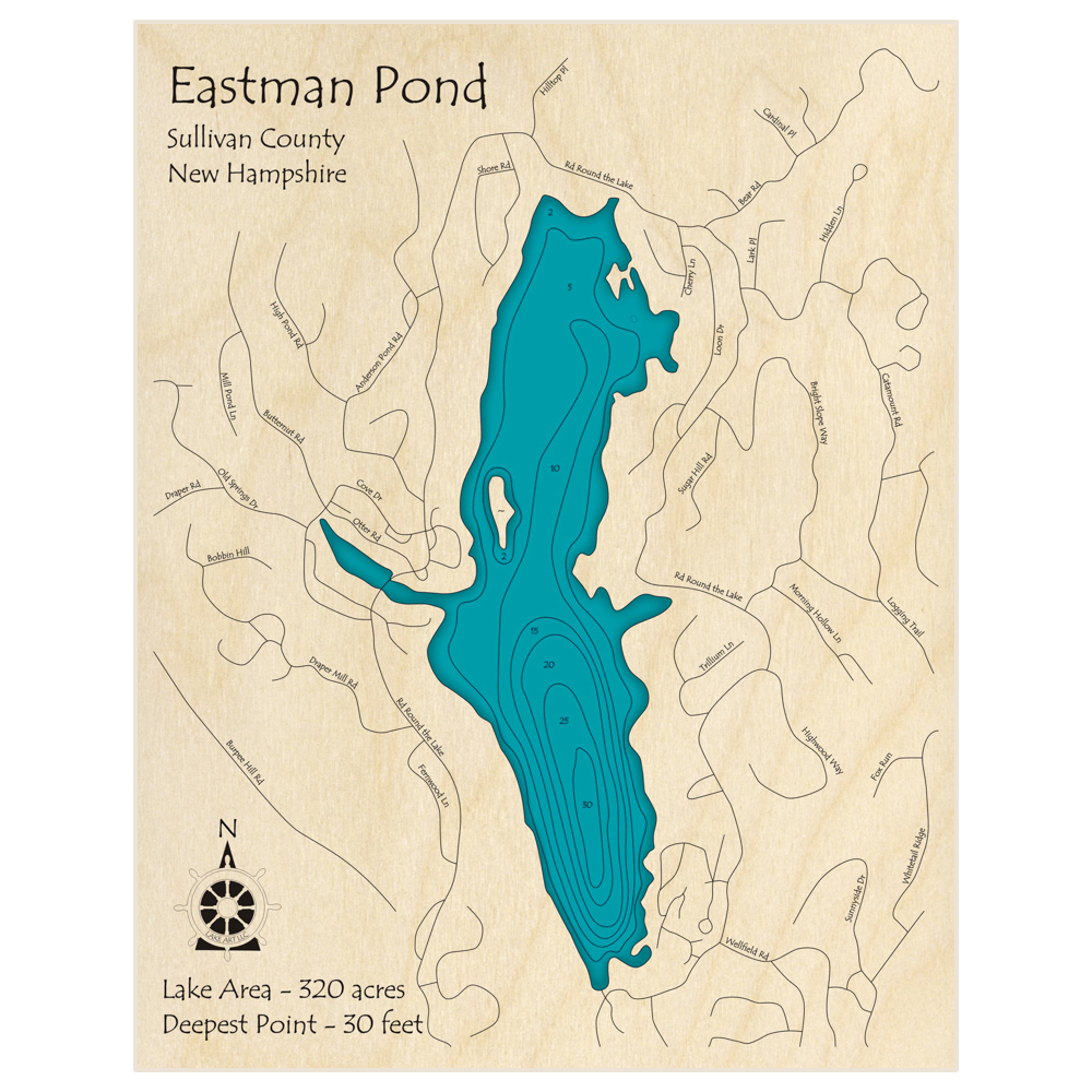 Bathymetric topo map of Eastman Pond with roads, towns and depths noted in blue water