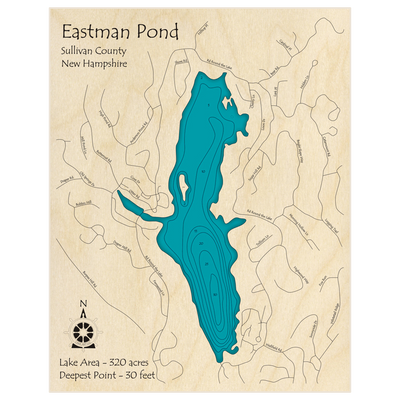 Bathymetric topo map of Eastman Pond with roads, towns and depths noted in blue water