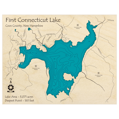 Bathymetric topo map of Connecticut Lake (First Lake) with roads, towns and depths noted in blue water