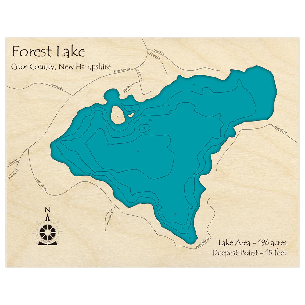 Bathymetric topo map of Forest Lake with roads, towns and depths noted in blue water