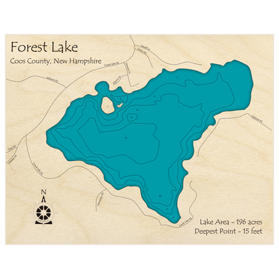 Bathymetric topo map of Forest Lake with roads, towns and depths noted in blue water