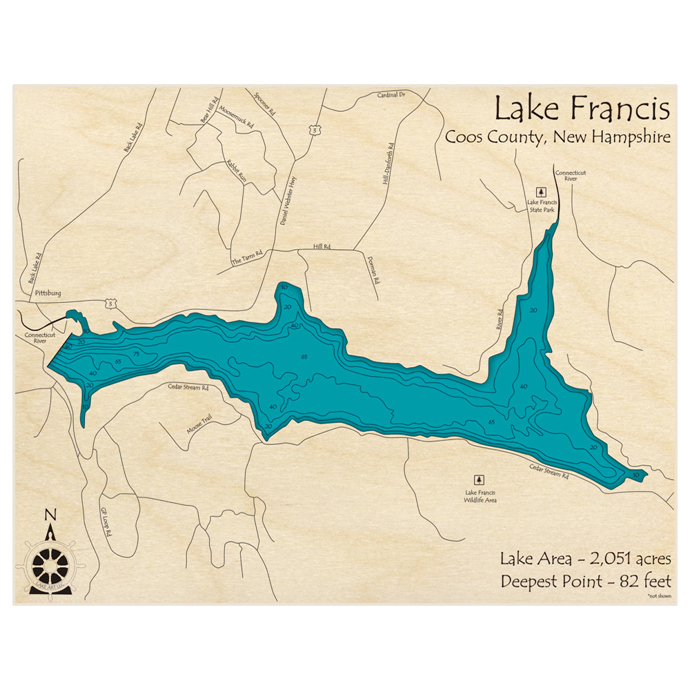 Bathymetric topo map of Lake Francis with roads, towns and depths noted in blue water