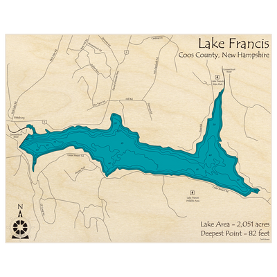 Bathymetric topo map of Lake Francis with roads, towns and depths noted in blue water