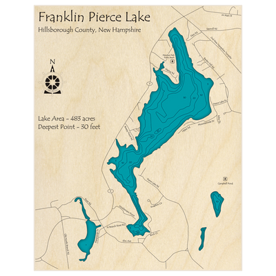 Bathymetric topo map of Franklin Pierce Lake with roads, towns and depths noted in blue water