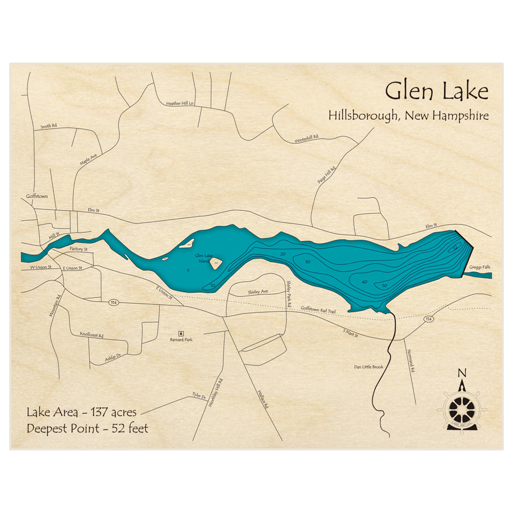 Bathymetric topo map of Glen Lake with roads, towns and depths noted in blue water