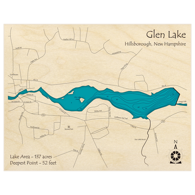 Bathymetric topo map of Glen Lake with roads, towns and depths noted in blue water