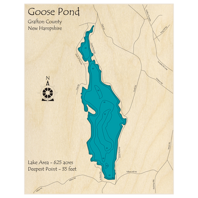 Bathymetric topo map of Goose Pond with roads, towns and depths noted in blue water