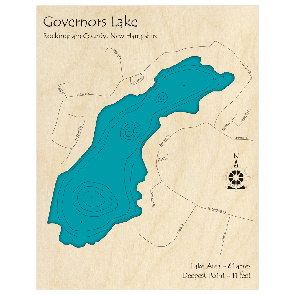 Bathymetric topo map of Governors Lake with roads, towns and depths noted in blue water