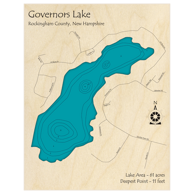 Bathymetric topo map of Governors Lake with roads, towns and depths noted in blue water