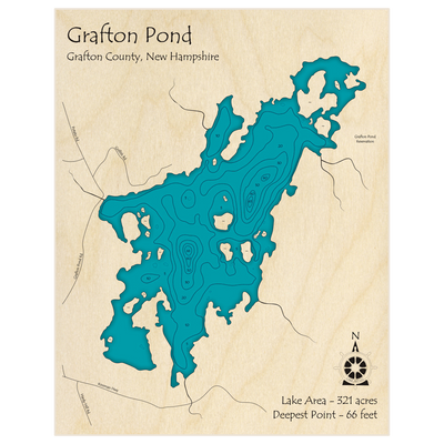 Bathymetric topo map of Grafton Pond with roads, towns and depths noted in blue water